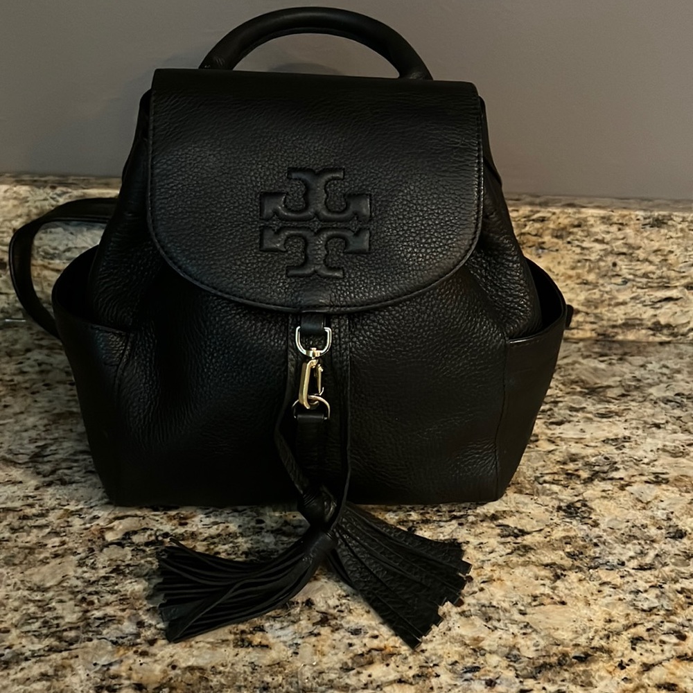 Tory Burch Black Pebbled Leather Backpack with Tassel